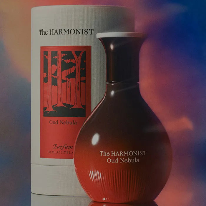 Perfume bottle and packaging for The Harmonist Oud Nebula fragrance.